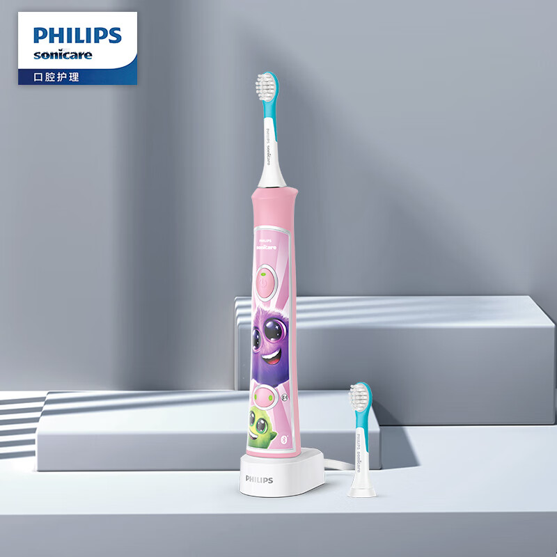 飞利浦(PHILIPS) 电动牙刷 蓝牙版 儿童声波震动牙刷HX6352/43 粉色款 内含2支刷头+10款多彩贴纸