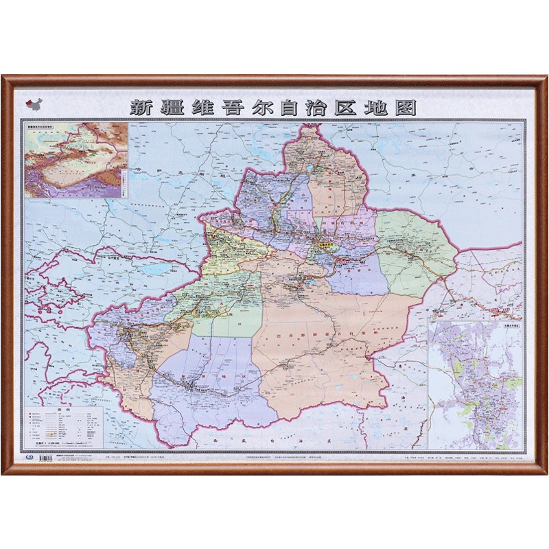 【定制边框】2023年 新疆地图 木框装裱 政区交通地形 约1.1米*0.8米 胡桃色边框