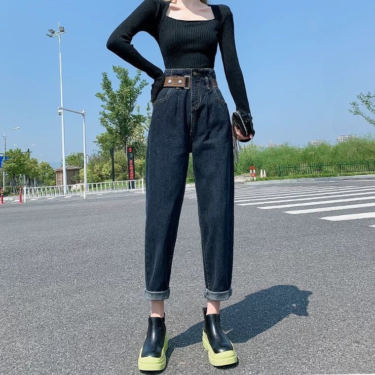 显粗大码胖mm哈伦牛仔裤女秋冬新款高腰显瘦宽松阔腿设计感萝卜老爹裤