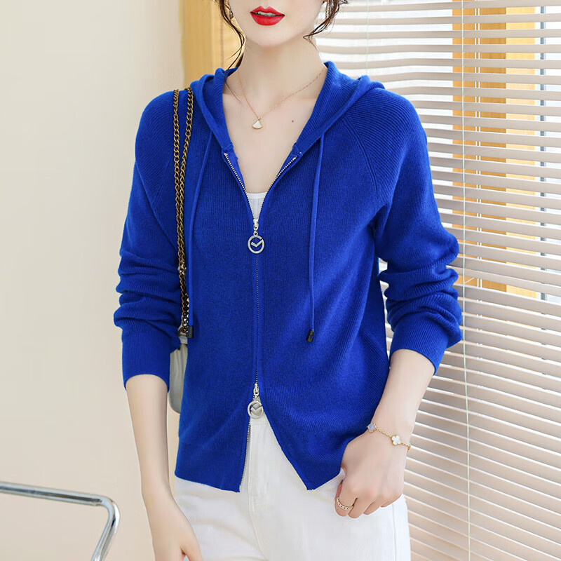 歌米拉 连帽针织开衫女士短款秋装年新修身款上衣小外搭毛衣外套 蓝色
