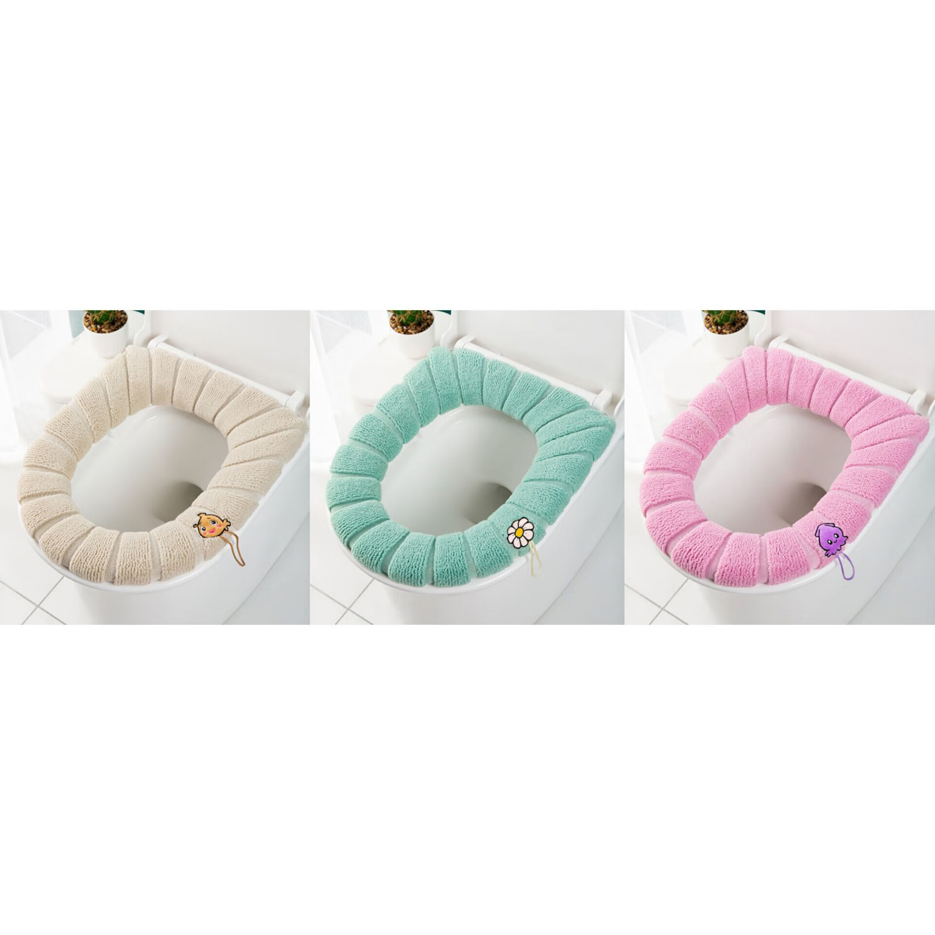 加厚马桶坐垫马桶垫家用坐便套坐便器坐垫通用马桶套垫座便垫圈垫 豪华提手款（米+绿+粉）3只装