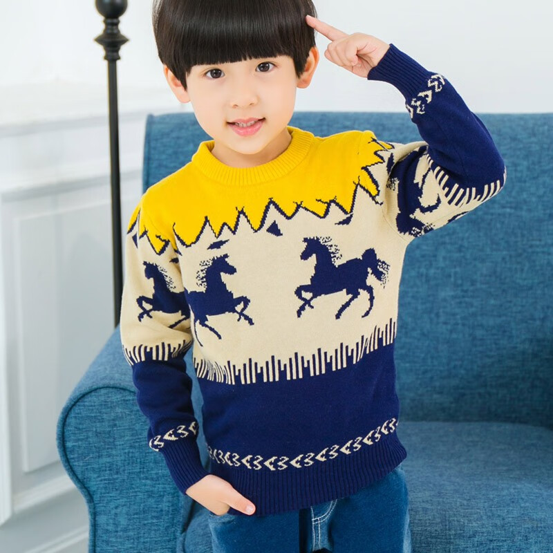 绒中羊童装男童毛衣套头双层加厚纯棉中大童线衣儿童针织衫秋冬款 双层加厚藏青横花 150 建议身高135-145cm