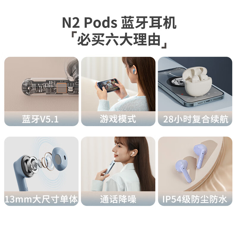 漫步者（EDIFIER）N2 Pods  真无线蓝牙耳机 通话降噪 半入耳式耳机 音乐耳机 通用苹果华为小米手机 云岩白