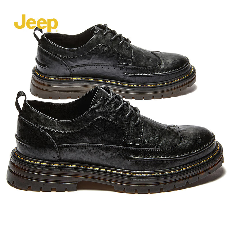 男鞋春季新款男士时尚休闲鞋男厚底系带潮流正装皮鞋子男 黑色 245/39