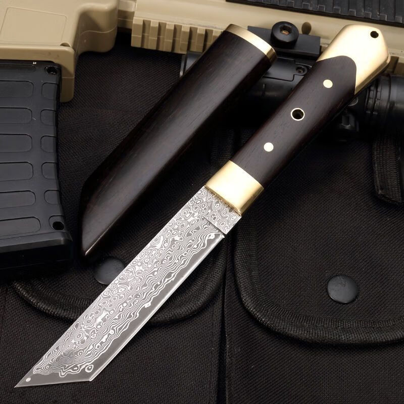 大马士革钢刀匕手肋差vg10瑞士军刀防身户外小直刀手工锻打花纹钢高