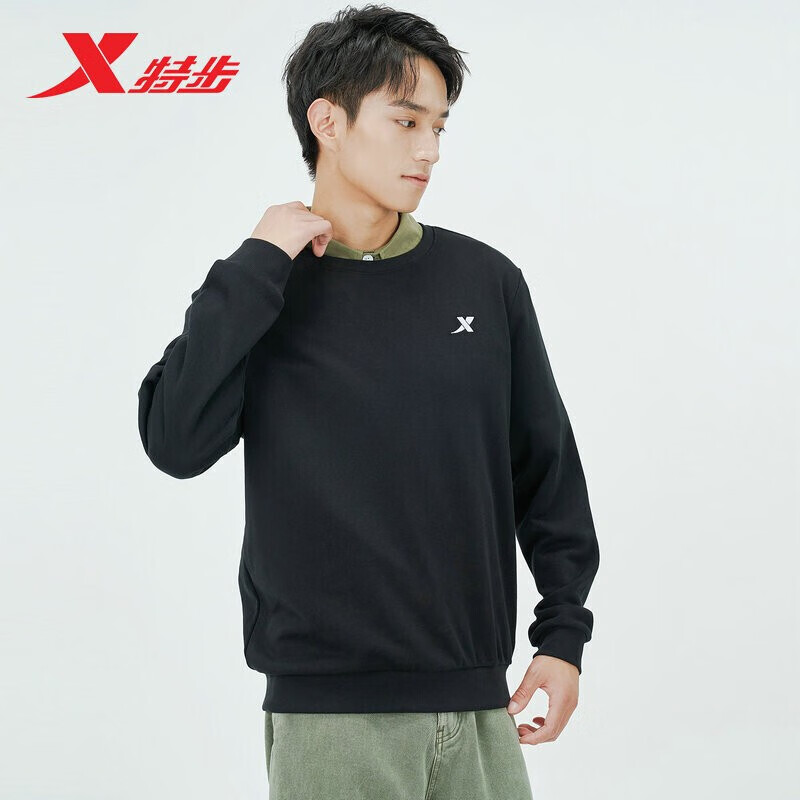 特步卫衣套头衫男圆领运动衣运动上衣长袖男装运动服880329920220黑白