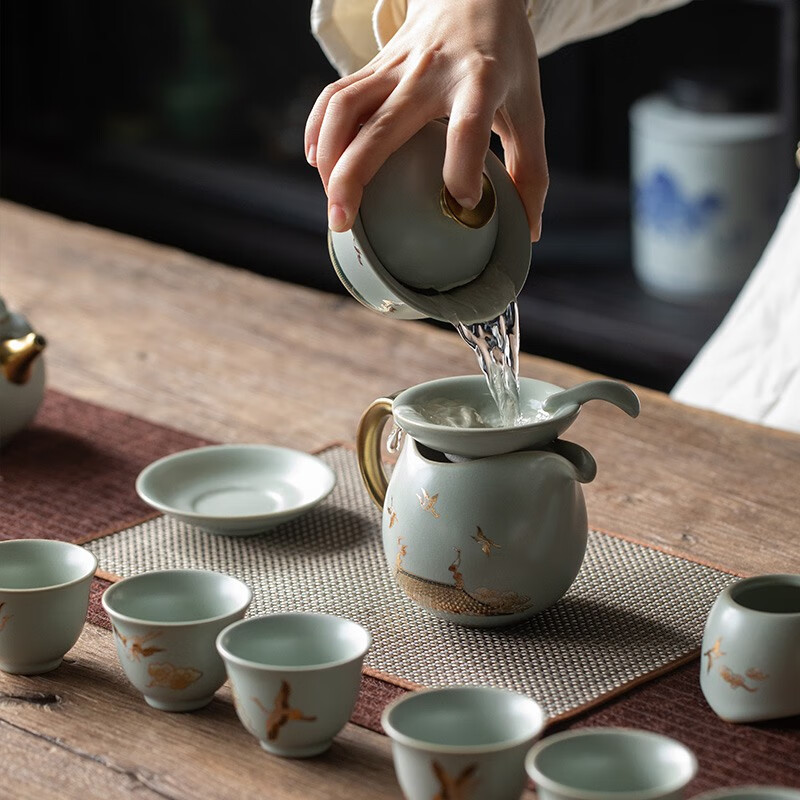 京峰阁 功夫茶具套装 茶壶汝窑瑞鹤呈祥盖碗茶杯可开片高档轻奢家用送礼 瑞鹤呈祥贵妃壶套装 6人饮 11件