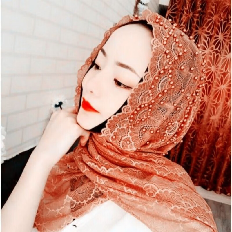 妸蕴回族女人的套头纱巾纱巾新款蕾丝时尚花边钉珠长巾春夏回族马来