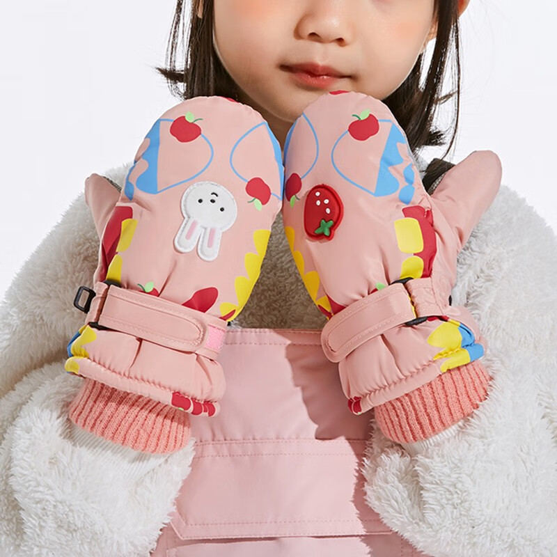 火炬人儿童手套冬季保暖加绒棉3岁到6岁男女宝宝小孩滑雪手套玩雪手套 草莓兔子