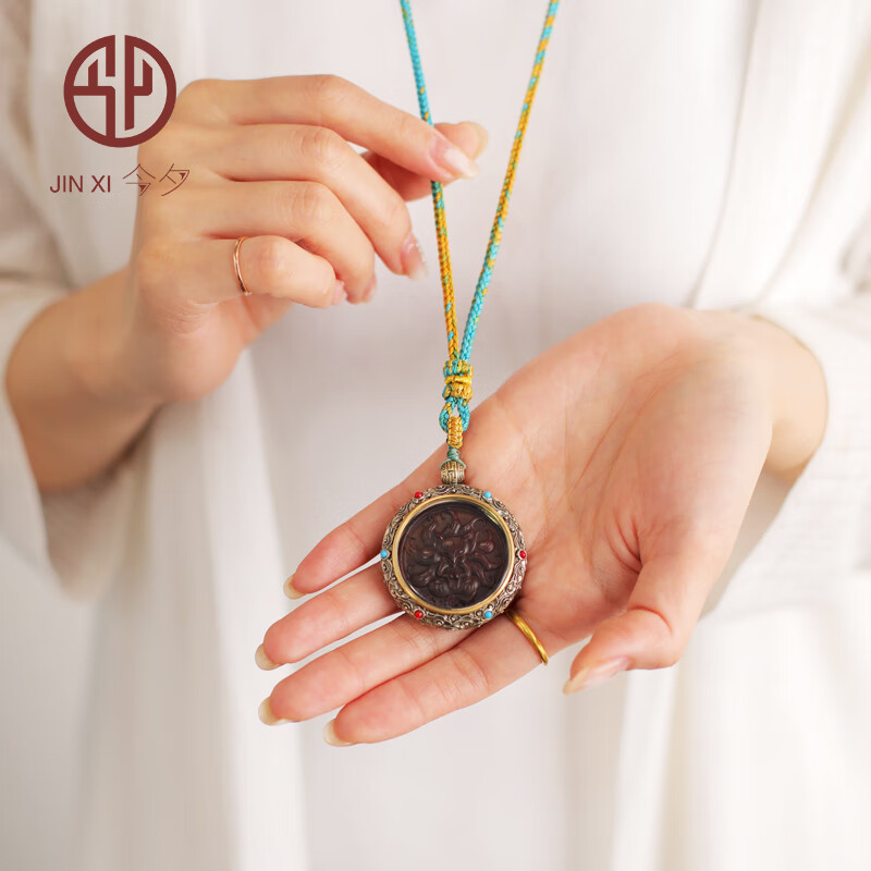 九尾狐印度小叶紫檀佛牌藏银唐卡样式可旋转背盘 九尾狐佛牌吊坠项链