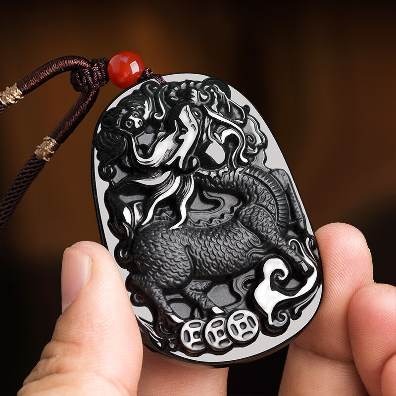 梓珊珠宝  天然墨翠a货翡翠墨玉麒麟冰种玉石吊坠挂件玉佩 墨翠 福祥