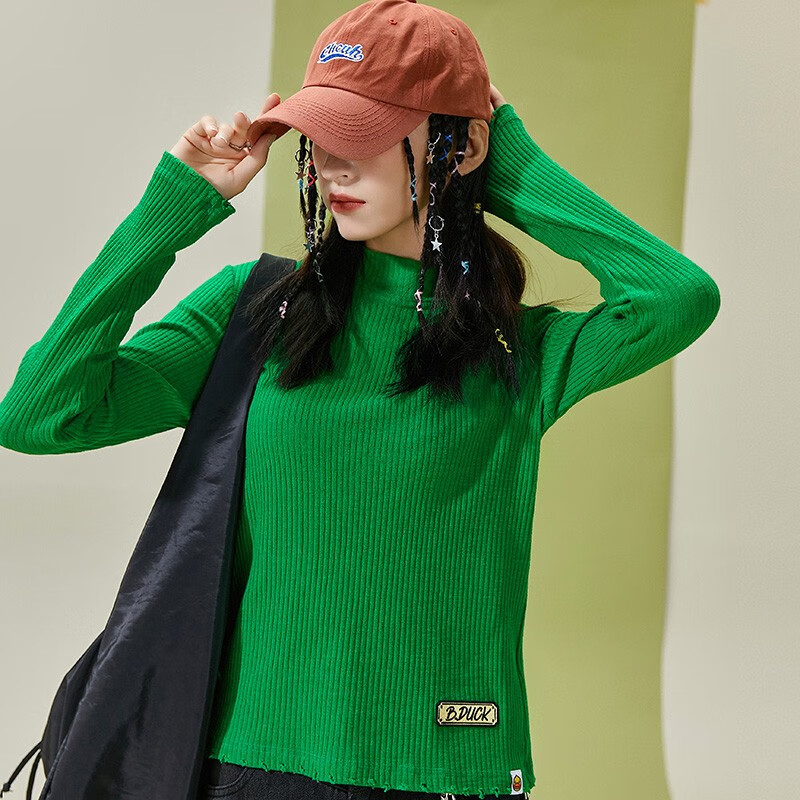 黄鸭女装长袖上衣秋季新款时髦气质套头内搭小高领针织打底衫女 绿色