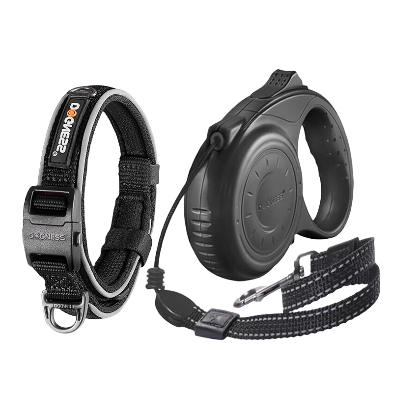 多尼斯JS05狗狗牽引繩遛狗繩子中大型犬自動(dòng)伸縮狗鏈子泰迪金毛邊牧 黑色牽狗器+黑色項圈 M（4米建議20-40斤）