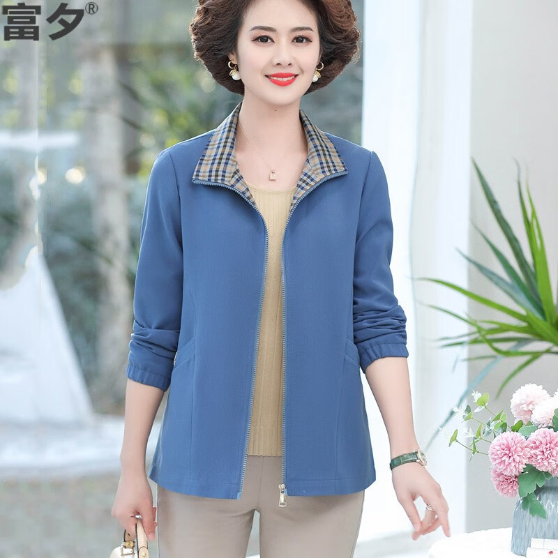 富夕中老年女装2025春秋新款妈妈洋气外套大码休闲纯色上衣服 蓝色单件 3XL 建议130-145斤