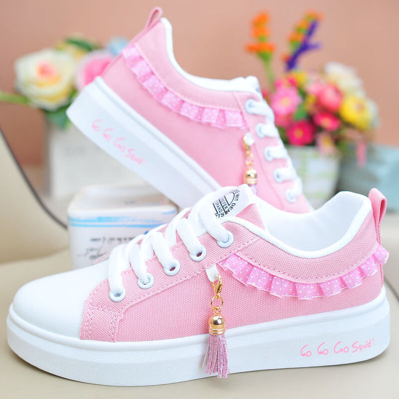 穿的平板鞋女生中学生春季12大童少女孩帆布鞋子13百搭女生板 粉色a