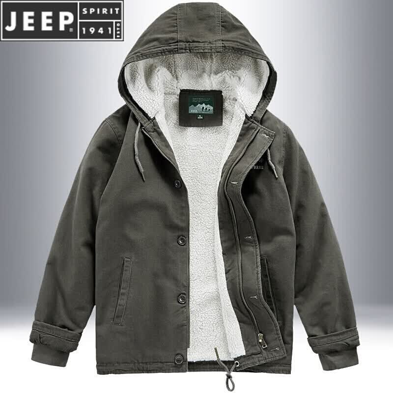 吉普（JEEP）春秋冬季新款连帽羊羔绒棉衣男加绒加厚宽松大码棉服男士棉袄纯棉外套甲板服青年休闲棉服 灰色 4XL建议190-220斤属于什么档次？