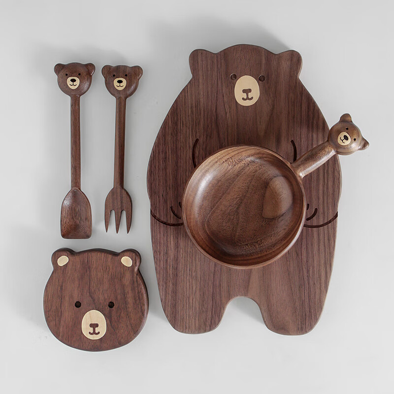 木上 可爱小熊摆盘黑胡桃木手工创意装饰盘木作小勺子叉子小熊砧板 小熊勺子