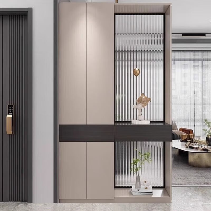 己何（JIHE）2024新款入户玄关柜客厅隔断柜轻奢玻璃屏风柜进门玄关柜鞋柜 90*35*210-奶油白+原木纹色A款 送货入户包安装