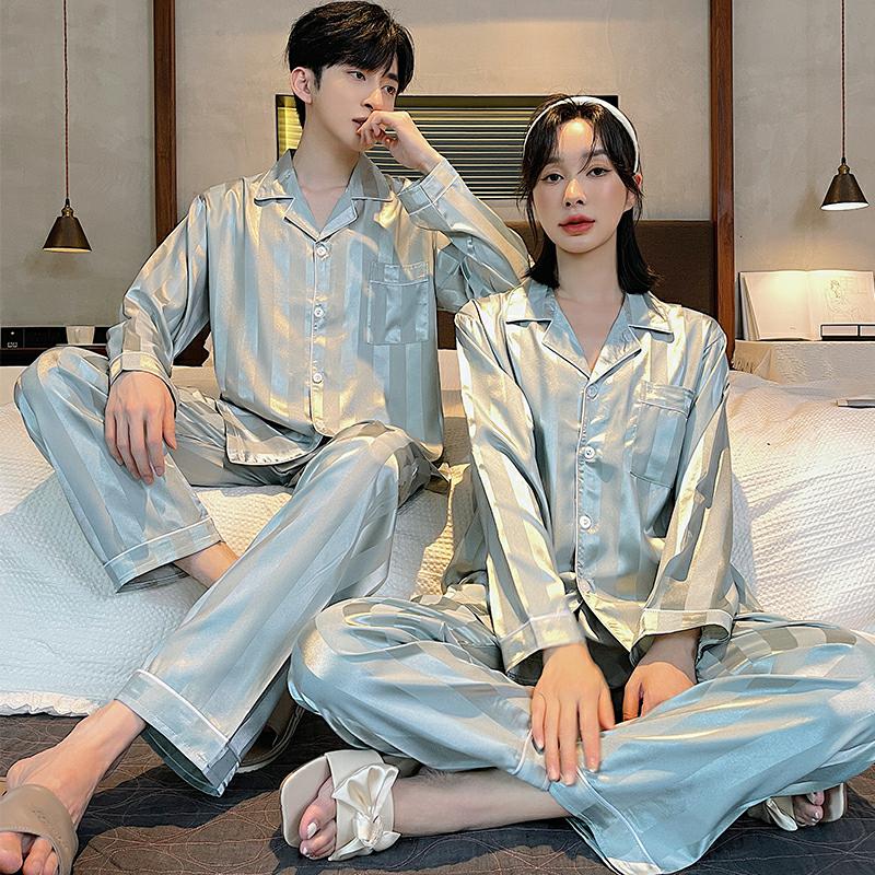 瑶慕语情侣睡衣春秋款冰丝长袖感一男一女薄款大码家居服套装 wzn528