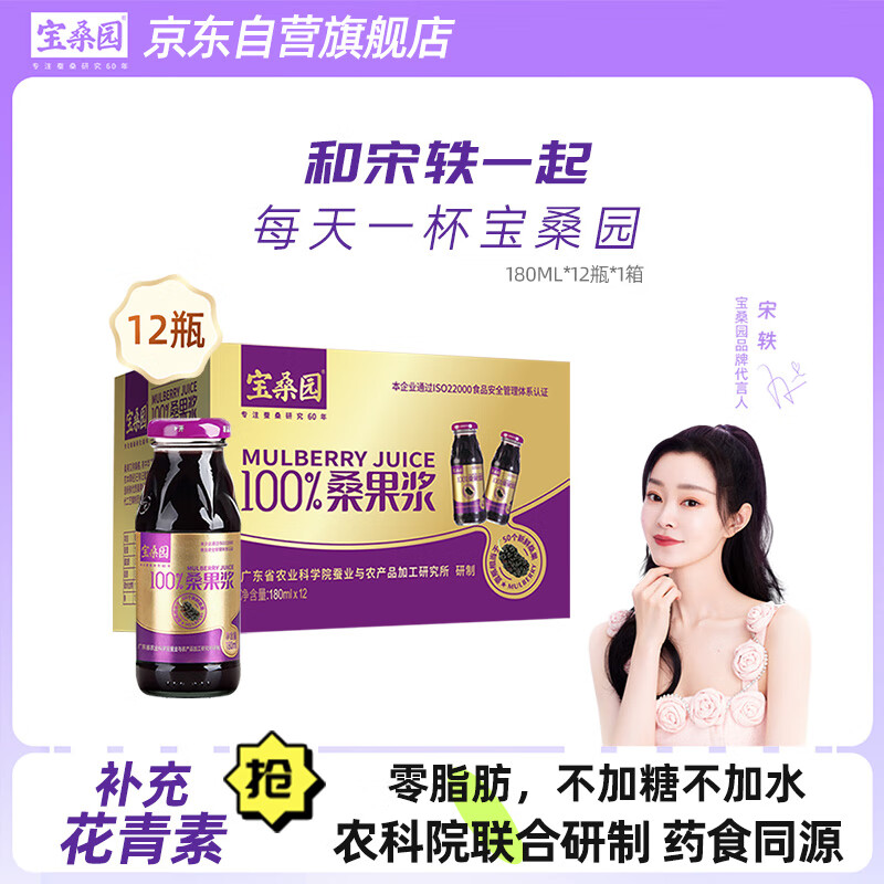 宝桑园100%桑果浆带果肉180ml*12瓶纯鲜果压榨果汁0色素富含花青素