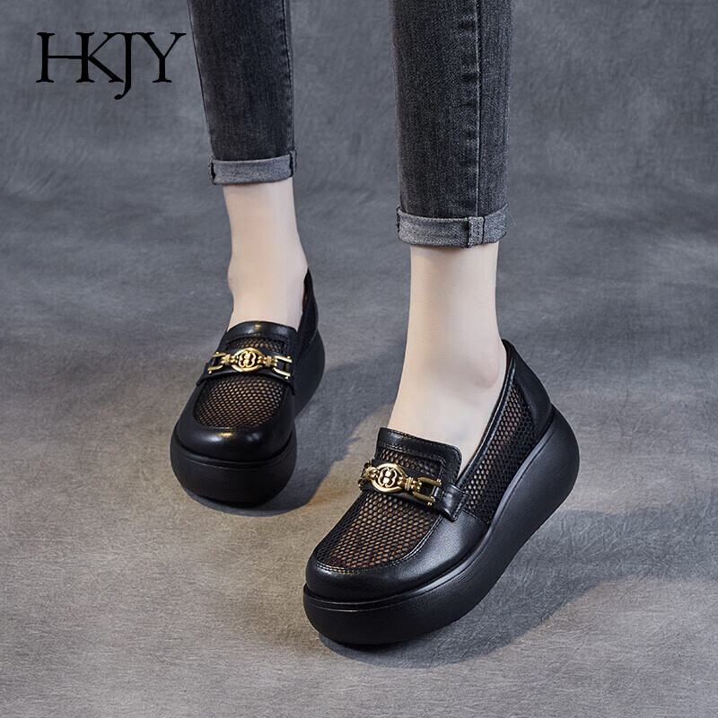 【轻奢名品】hkjy品牌牛皮镂空女鞋夏季真皮网面厚底松糕乐福鞋休闲