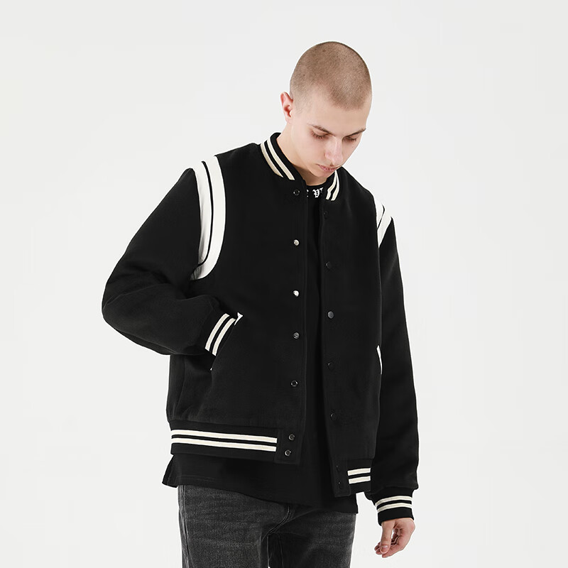 climax vision双白条拼接撞色毛呢拼皮夹克外套休闲高街棒球服潮 黑色