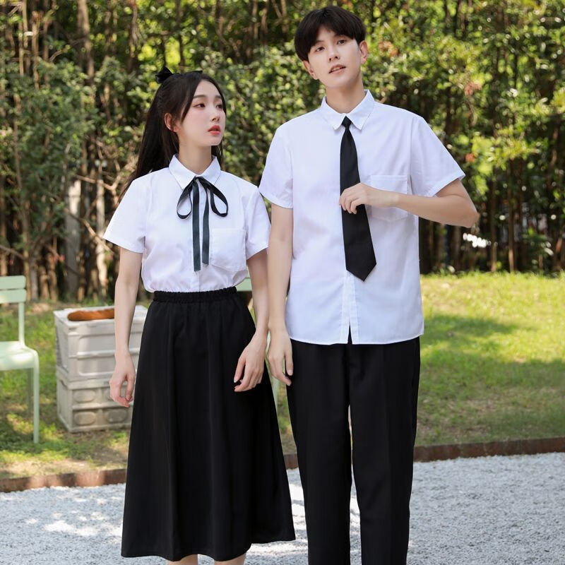 坐悠班服套装学院风高中学生大合唱演出服诗歌朗诵装韩版制服衬衫男 女白长袖+黑长裤+黑丝带 2XL