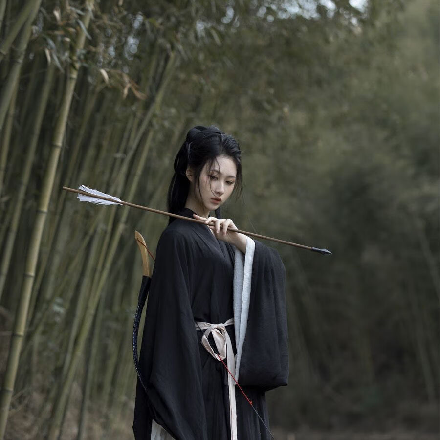 象裁汉服魏晋风汉服【秋枫渡】女秋神明少女黑色古装侠女直裾大袖衫