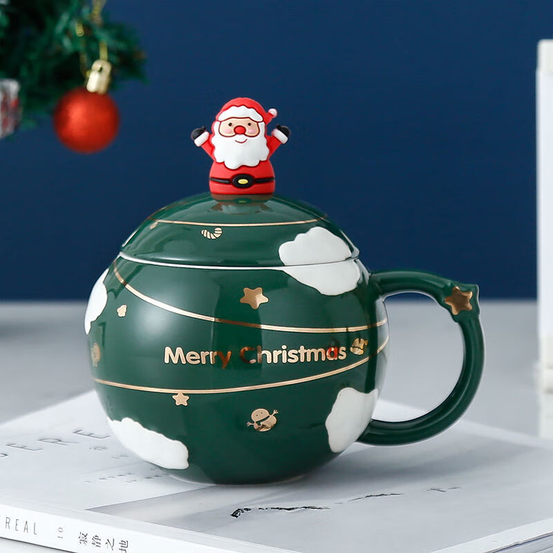 【好物精选】创意星球圣诞杯陶瓷马克杯带盖女生可爱情侣杯办公室喝水杯 圣诞杯-绿色 带盖勺