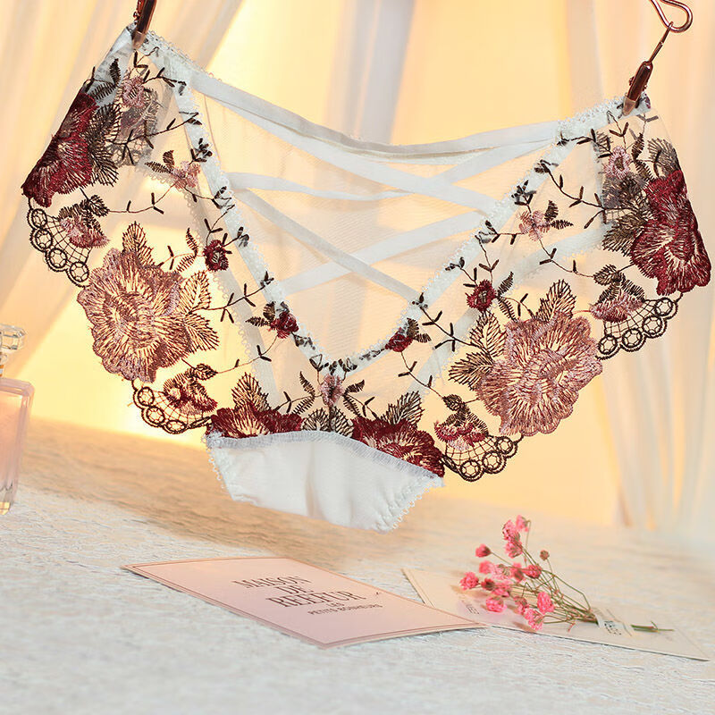 欧美宫廷刺绣性感透明网纱内裤女蕾丝镂空绑带火辣诱惑纯棉底情趣内衣