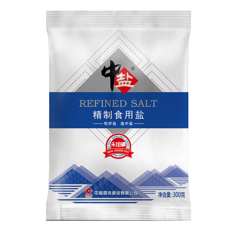 中鹽精制食用鹽未加碘300g*9袋無(wú)碘鹽家庭食鹽井礦鹽鹽巴咸鹽整箱批發(fā) 精制食用鹽(未加碘)300g*9袋