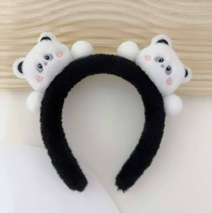 芠拉可愛(ài)毛絨發(fā)箍女洗臉發(fā)帶立體卡通動(dòng)物發(fā)卡網(wǎng)紅防滑頭飾 小手熊貓-黑