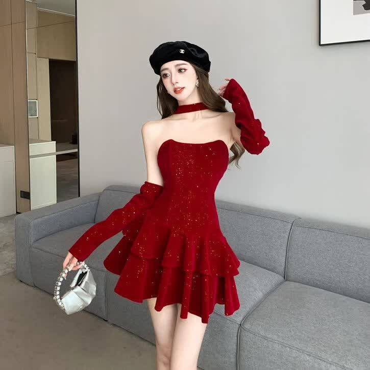 绮岑成人礼服女18岁 高级感圣诞战衣红色抹胸丝绒连衣裙新年打底小公