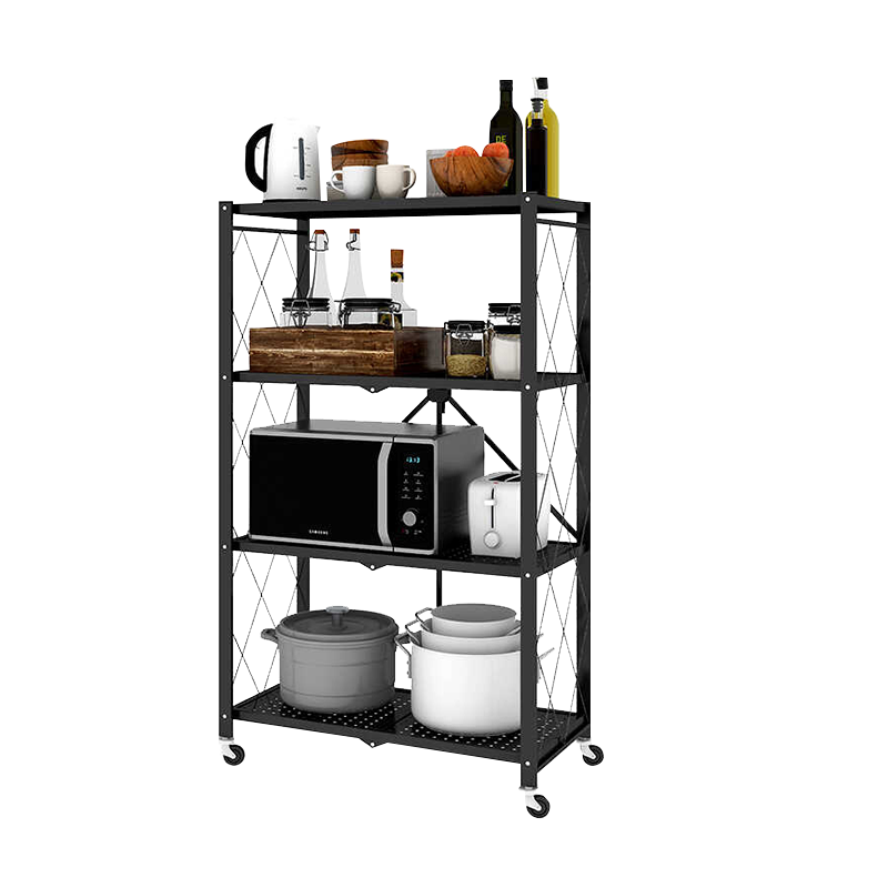 比新 BIX 厨房置物架免安装折叠收纳架落地多层可移动微波炉储物架货架 黑色四层 BX-Z1502B-J