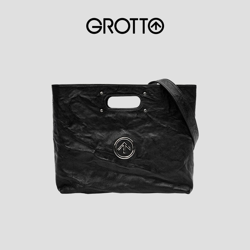 GROTTO个乐carry托特包 BigPeace系列大容量包植鞣羊皮通勤手提包斜挎包 经典黑银标M