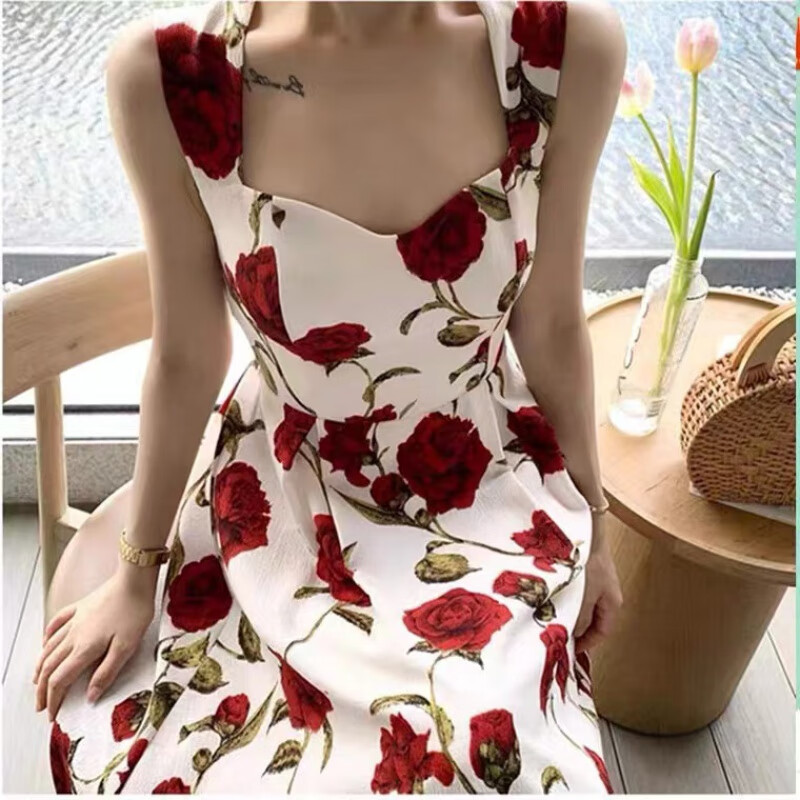 度假长裙胖妹妹法式复古玫瑰碎花吊带连衣裙 图片色 m 建议85-100斤