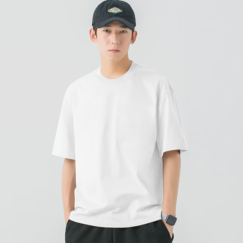 impresswit日系纯色小白t恤220g重磅纯棉短袖基础款圆领丅打底衫情侣