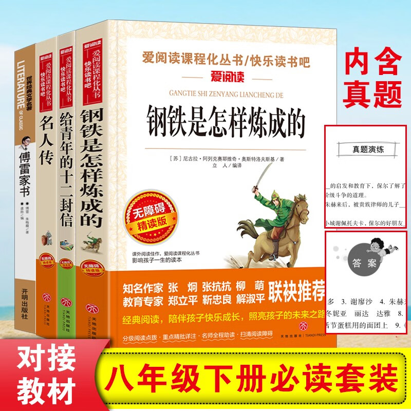傅雷家书 名人传 钢铁是怎样炼成的 给青年的十二封信/八年级下册文学名著阅读（套装共4册）