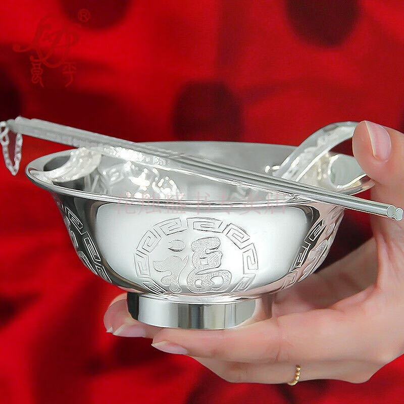 花烛 纯银筷子勺子三件套 银餐具足银套装礼物 银碗筷勺三件套