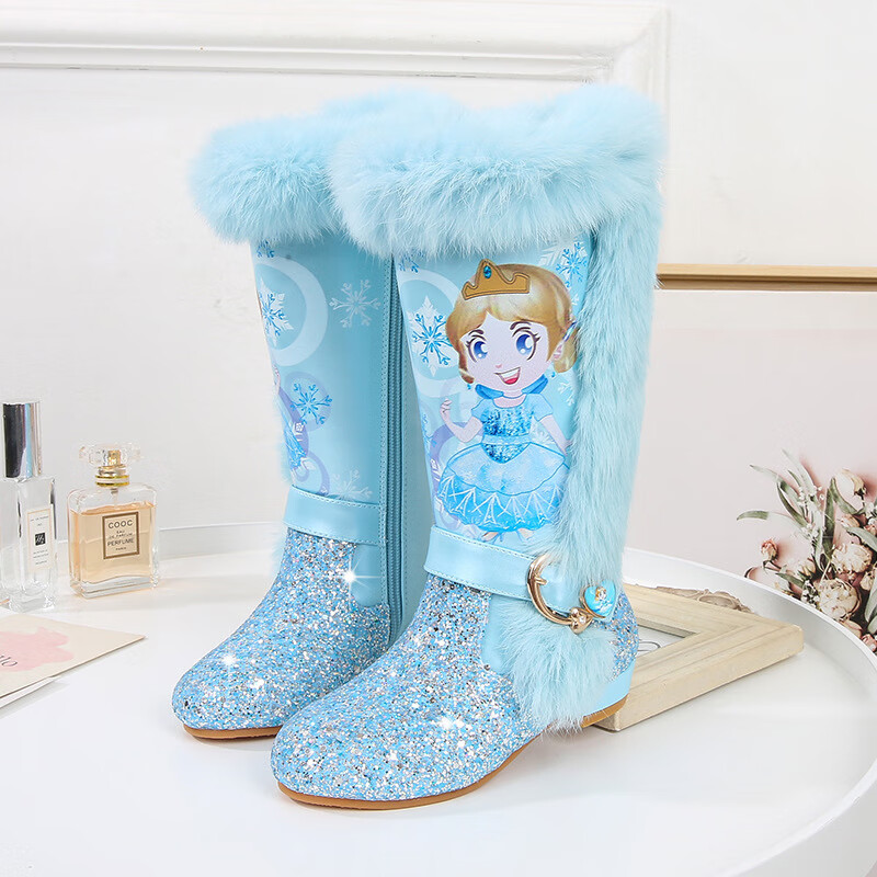 (disney)冬季女童高跟靴子加绒雪地靴儿童高筒靴女宝宝公主靴韩版棉靴