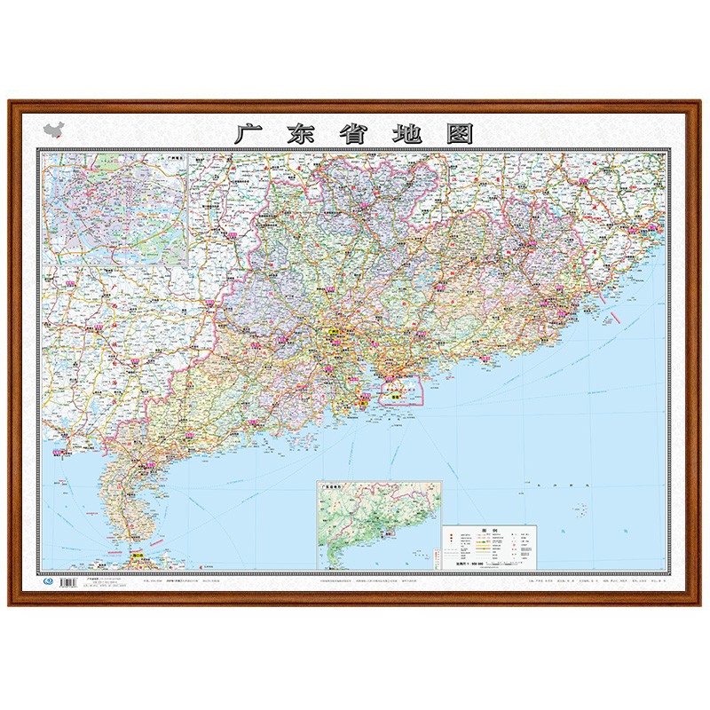 【定制边框】2022年 广东省地图 带框装裱挂图 约1.1米*0.8米 胡桃色边框