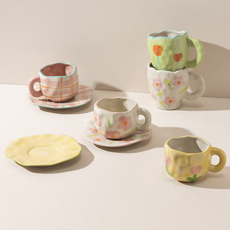 百鸣威 马克杯手捏陶瓷水杯ins风家用陶艺杯子咖啡杯套装陶瓷杯 粉花