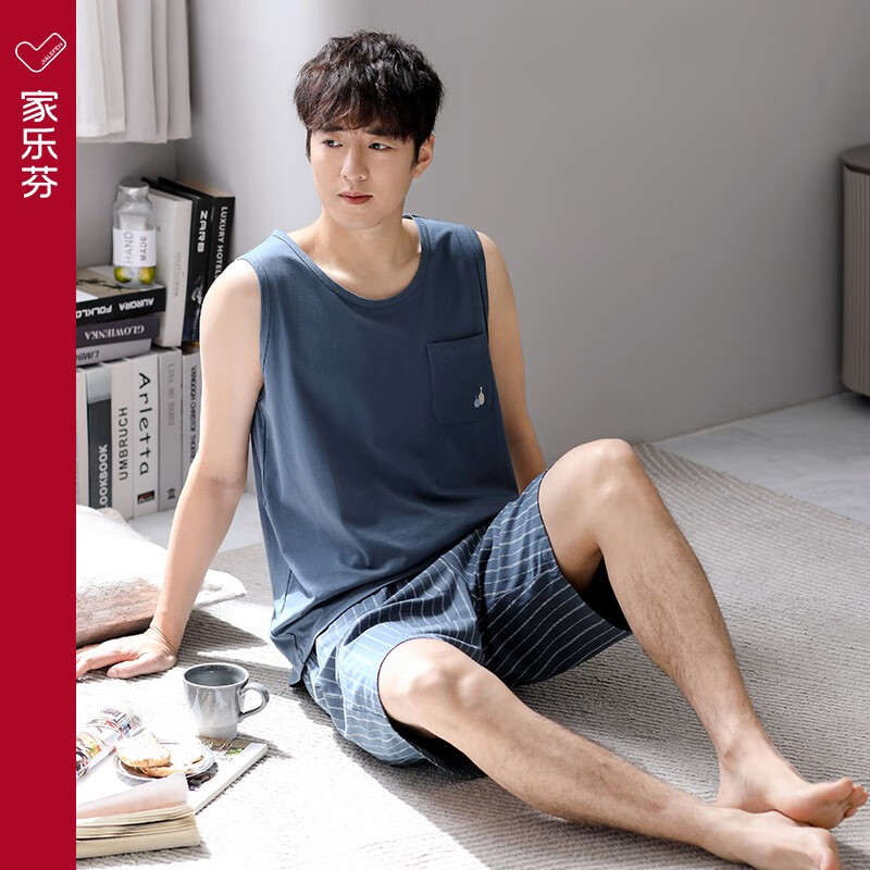 家乐芬（JIALEFEN）家乐芬睡衣男士夏季纯棉背心无袖短裤家居服男款夏款薄款大码套装 A924595雾青 XL （175） 建议体重140斤-160斤