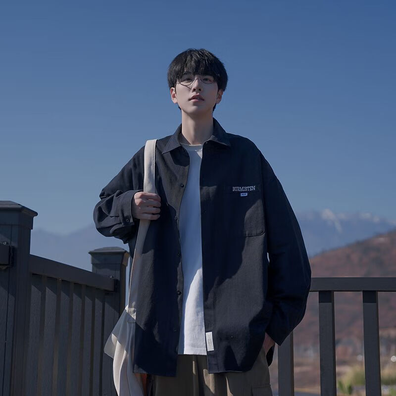 lun)初夏百搭港风oversize衬衫男长袖衬衫男春秋款日系city男友风外套