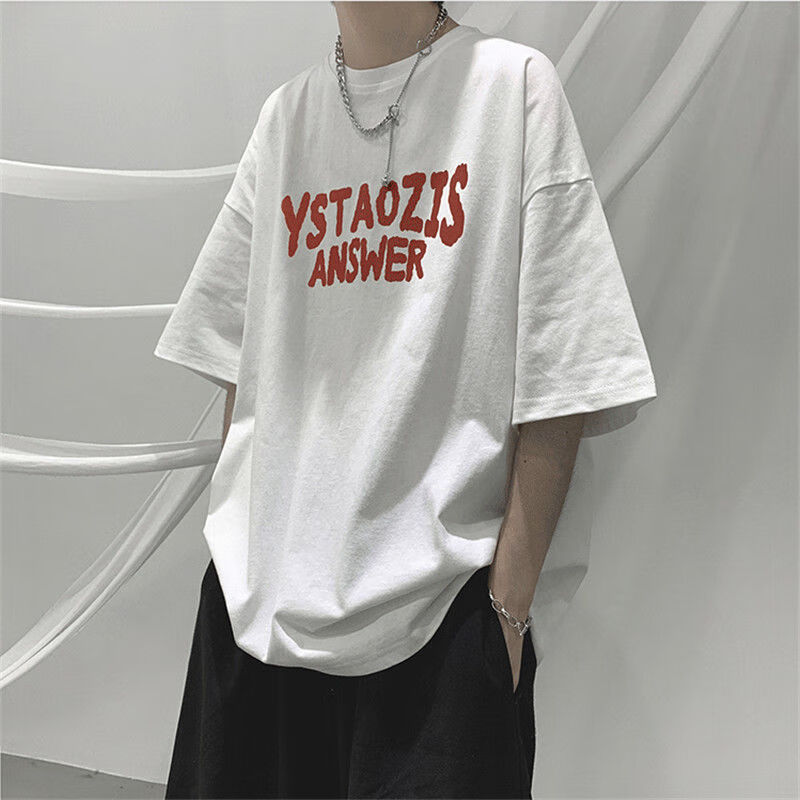 hksh港风复古2022新款夏季t恤男ins潮流百搭半袖上衣服 白色 红标