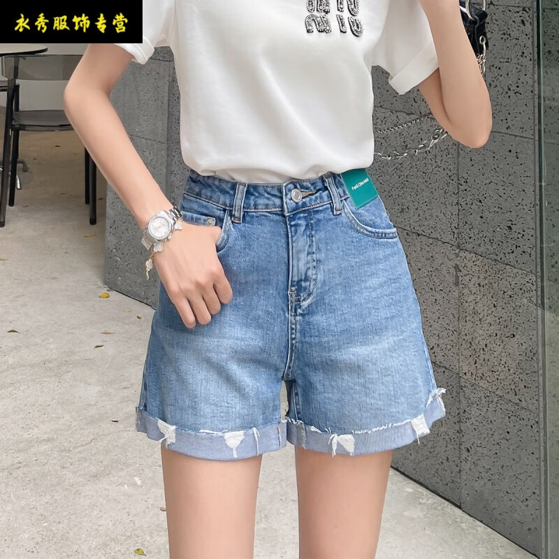 德朔夏天牛仔短裤磨破卷边短裤女热裤夏季新款欧韩风显瘦百搭女式裤子