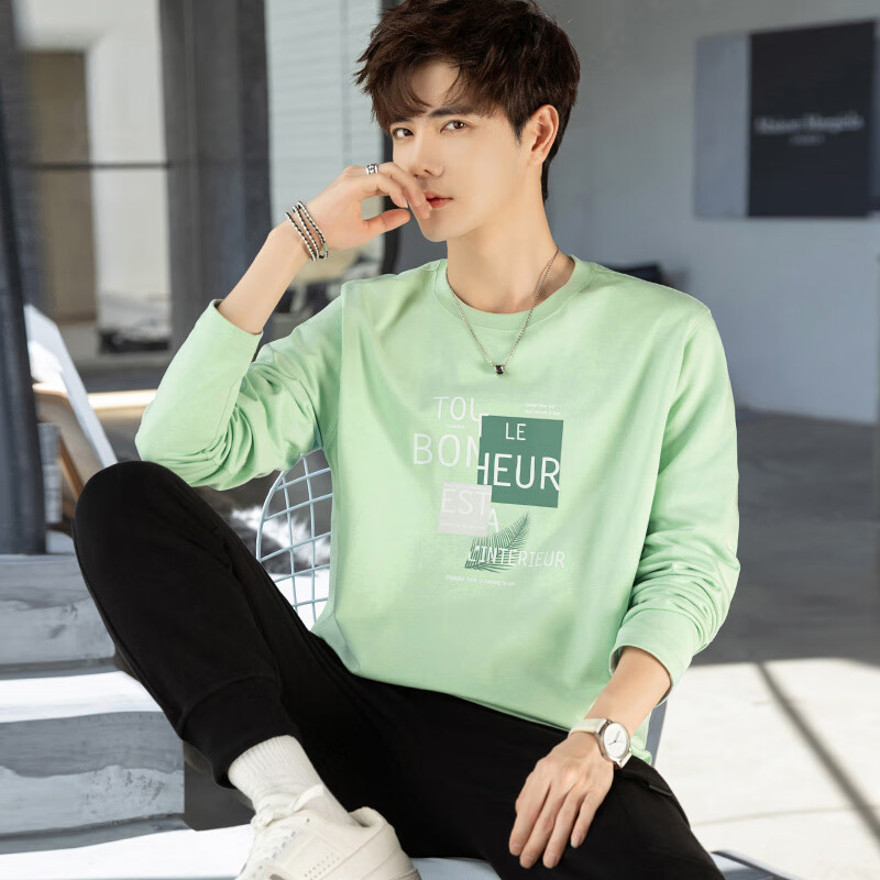 TEEK秋季薄荷曼波长袖绿色t恤男士休闲上衣服 2025男装秋冬体恤打底衫 HE59V浅绿 L