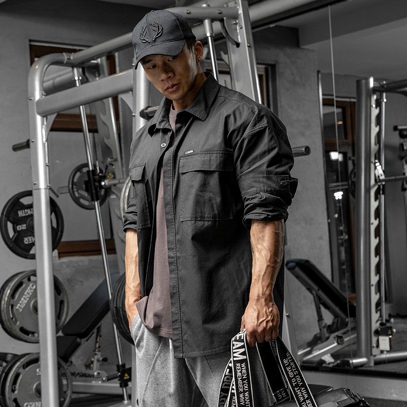 鹿家门秋季休闲宽松大码翻领长袖衬衫男基础运动工装大码薄外套男