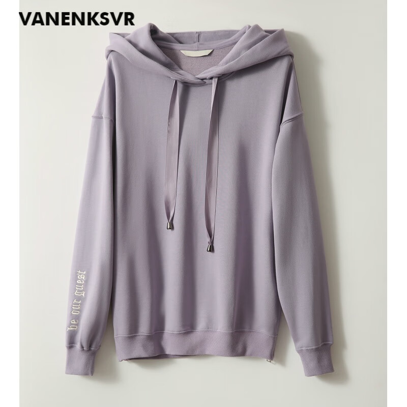 连帽卫衣女 标配色系 好搭刺绣棉质毛圈料 侧边开衩 百搭上衣 灰紫色