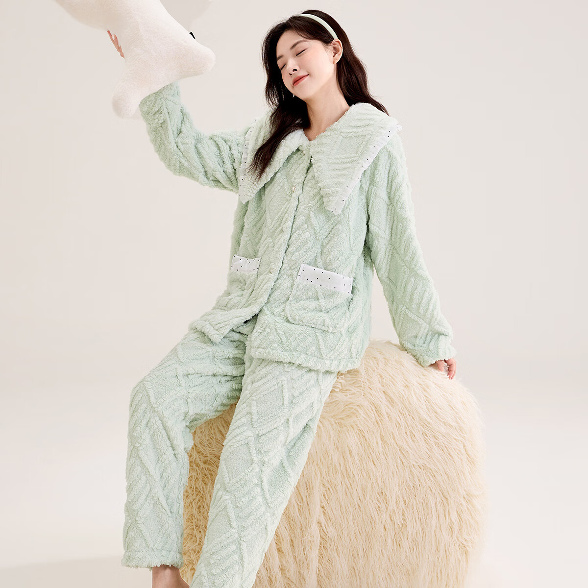 玛伦萨（manza）珊瑚绒睡衣女秋冬季新款公主风加绒加厚双面保暖女士家居服套装 樱花粉 M